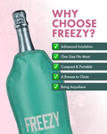 A teal insulated bottle sleeve holding a silver bottle, with large pink text reading 'WHY CHOOSE FREEZY?' and a list of benefits on the right including Advanced Insulation, One Size Fits Most, Compact & Portable, A Breeze to Clean, and Bring Anywhere.